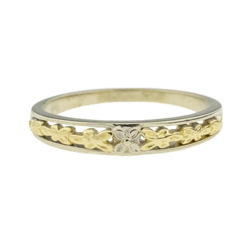 ladies-minimalist-sapphire-rings-3mm Wide Floral Band Ring in 14K Two Tone Gold - Size 5.75