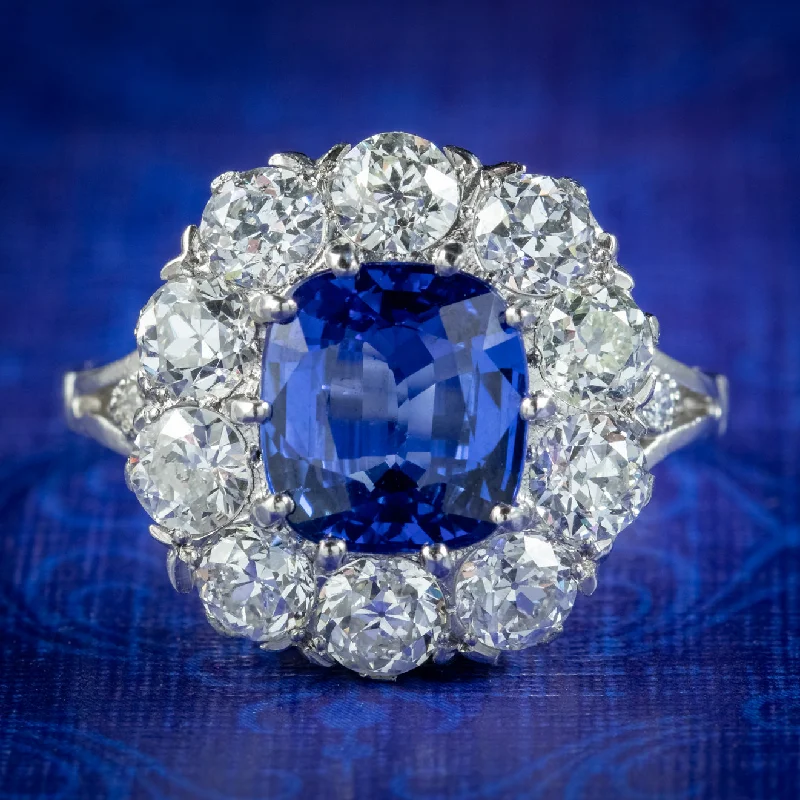 ladies-emerald-cut-rose-gold-rings-Edwardian Style Sapphire Diamond Cluster Ring 3.25ct Sapphire