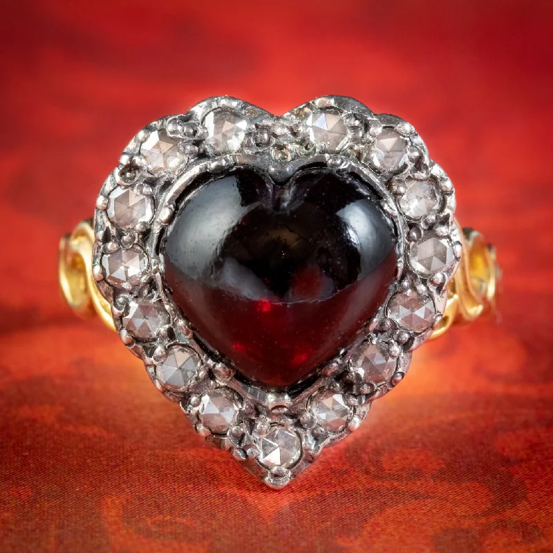 ladies-white-gold-stackable-rings-Victorian Style Garnet Diamond Heart Ring Silver 18ct Gold 4ct Garnet 1ct Of Diamond