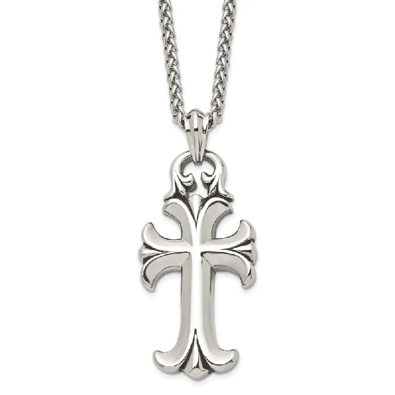 Ladies necklaces sleek designs -Men's Stainless Steel XXL Antiqued & Polished Cross Necklace, 24 Inch