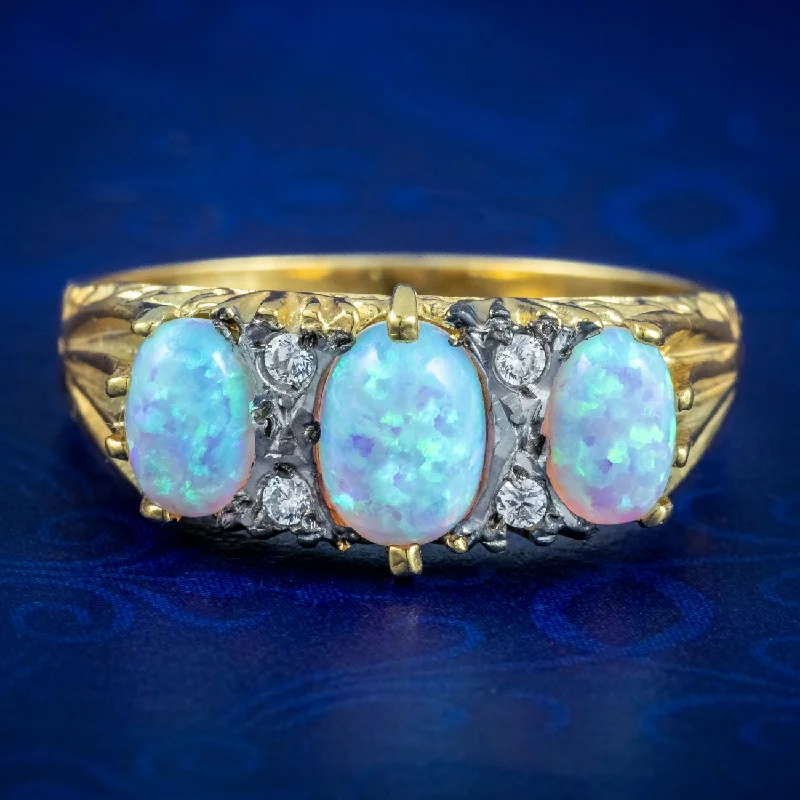 ladies-radiant-cut-diamond-rings-Victorian Style Opal Trilogy Ring 18ct Gold On Silver