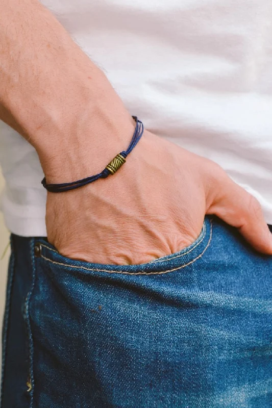 Ladies bracelets for melody makers -Men's bracelet with bronze tube bead charm, blue cord, gift for him