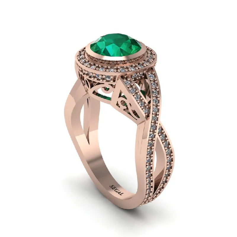 engagement-sapphire-modern-ring-Emerald Filigree Halo Twist Shank Engagement Ring - Wren No. 5