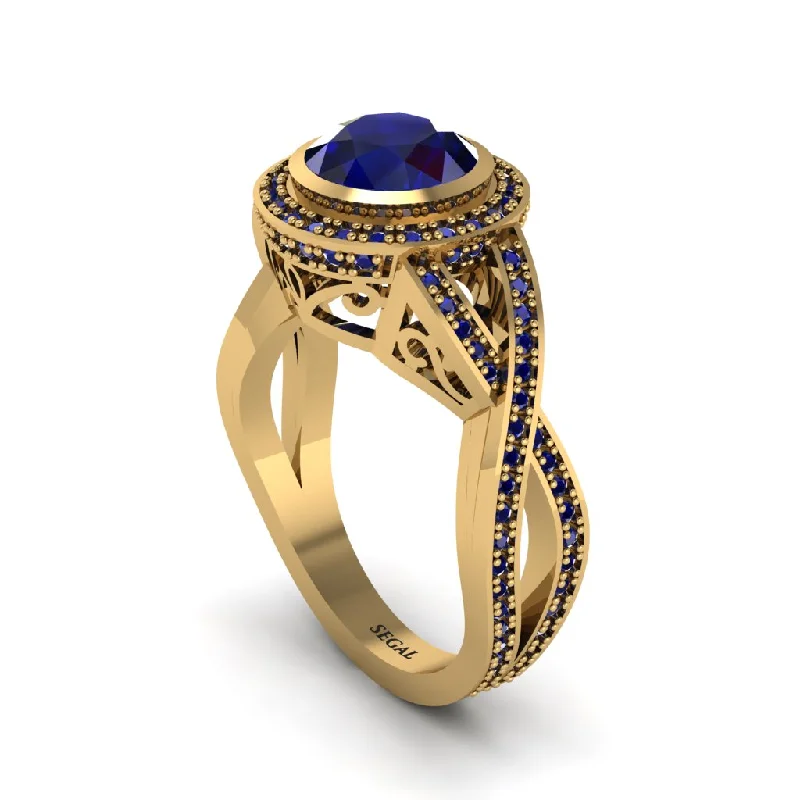 engagement-custom-gold-ring-Sapphire Filigree Halo Twist Shank Engagement Ring - Wren No. 73