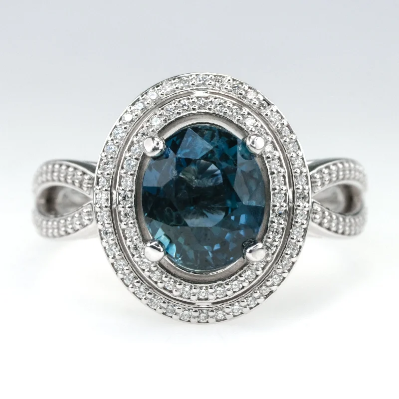 ladies-emerald-three-stone-rings-18K White Gold GIA 3.10ct Oval Blue Sapphire & Diamond Double Halo Ring Size 7