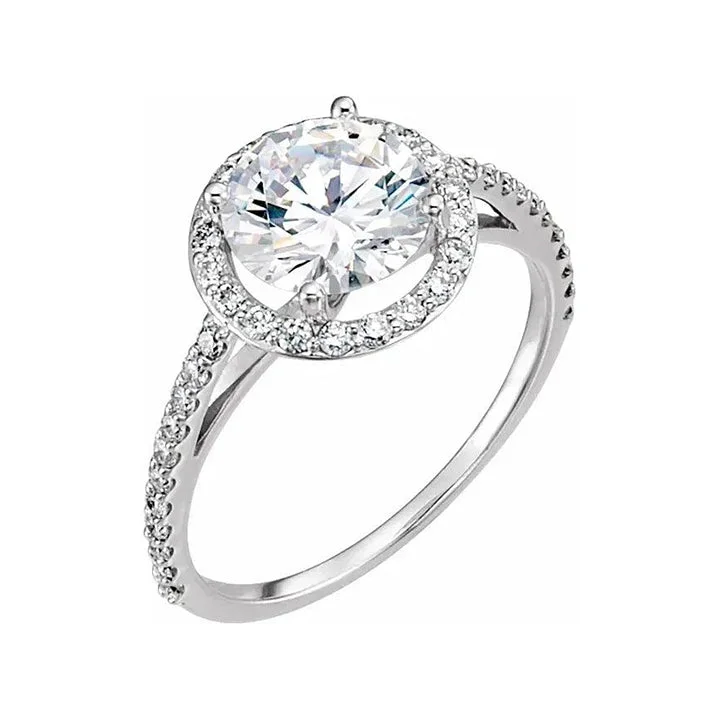 engagement-diamond-channel-ring-VIVIENNE Pavé Halo Four Prong Solitaire Lab Diamond Engagement Ring in 14K White Gold