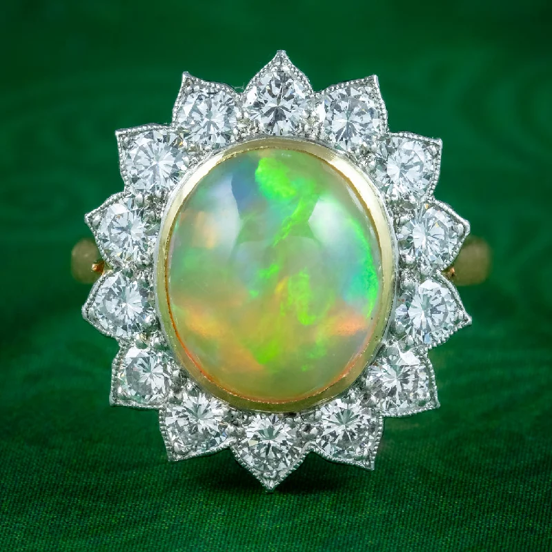 ladies-radiant-cut-platinum-rings-Edwardian Style Opal Diamond Flower Cluster Ring 3.1ct Opal