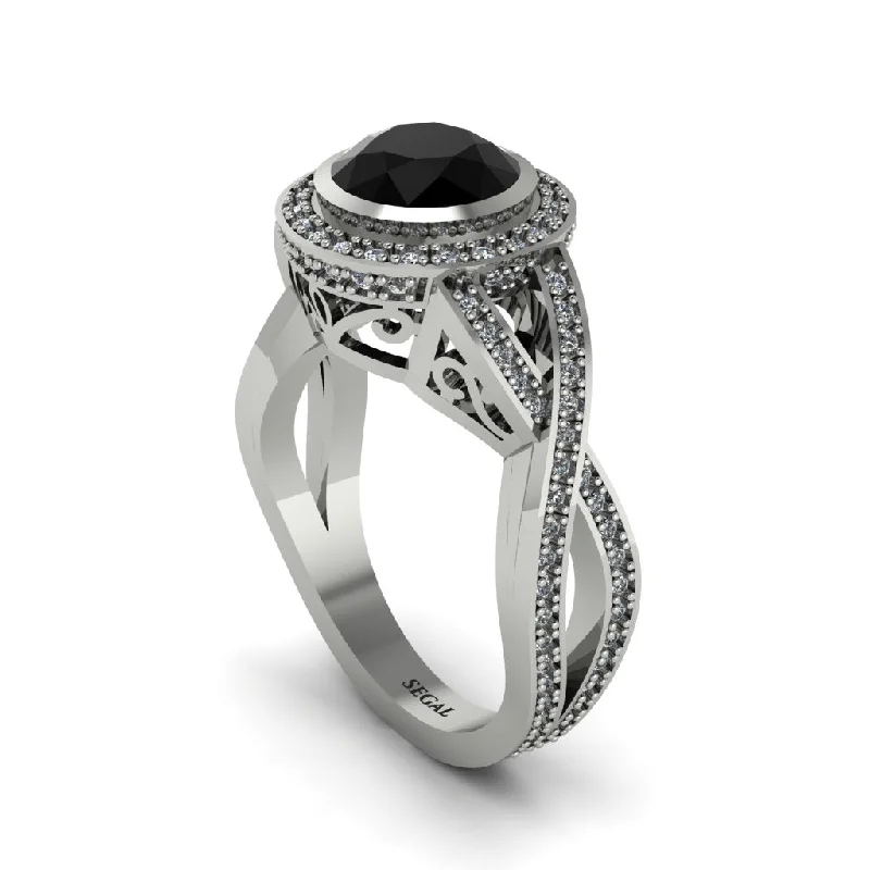 engagement-emerald-cut-pearl-ring-Black Diamond Filigree Halo Twist Shank Engagement Ring - Wren No. 9