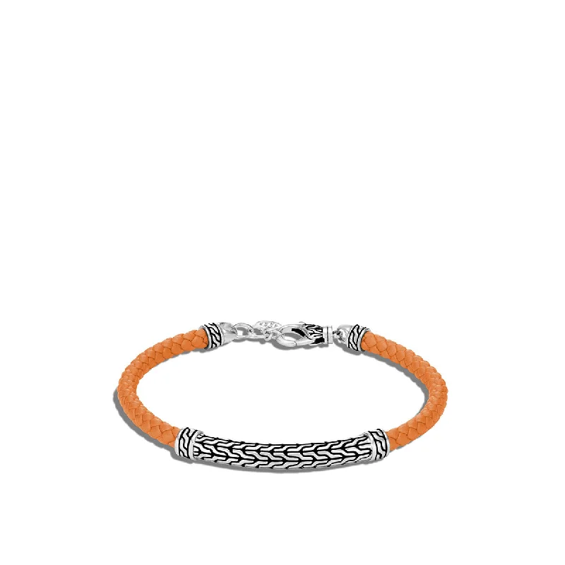 Ladies bracelets thick elegance -Classic Chain Silver Station Bracelet on Orange Woven Leather