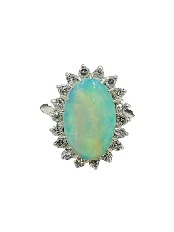 ladies-princess-cut-emerald-rings-1970s Opal Diamond White Gold Ring