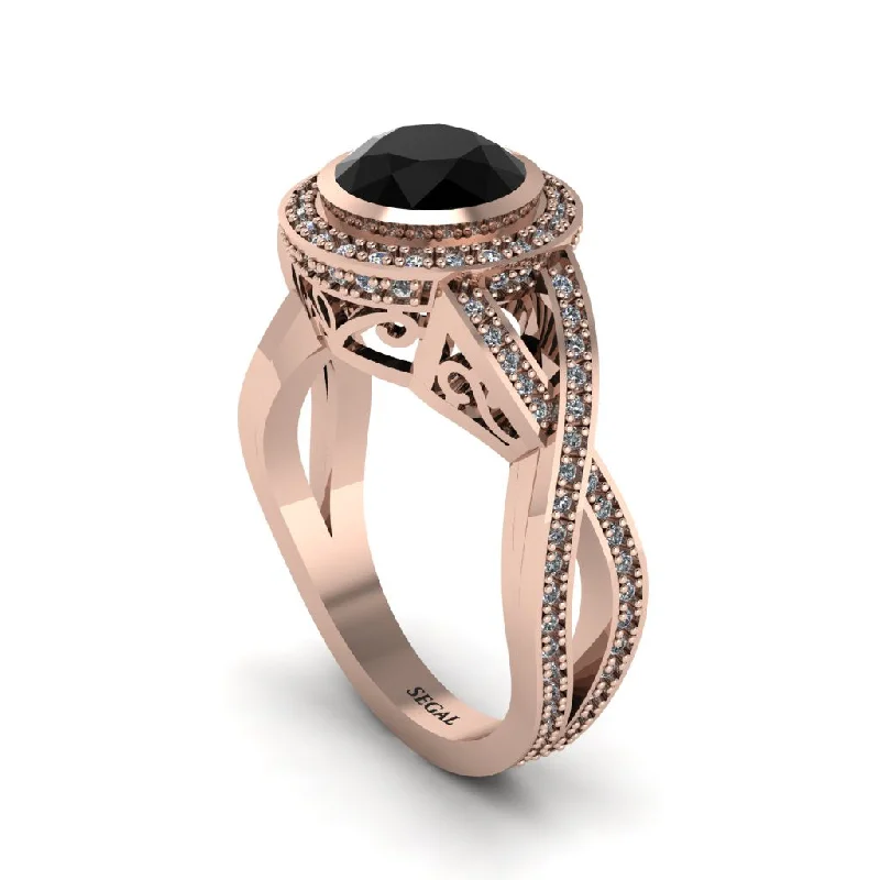 engagement-oval-rose-gold-ring-Black Diamond Filigree Halo Twist Shank Engagement Ring - Wren No. 8