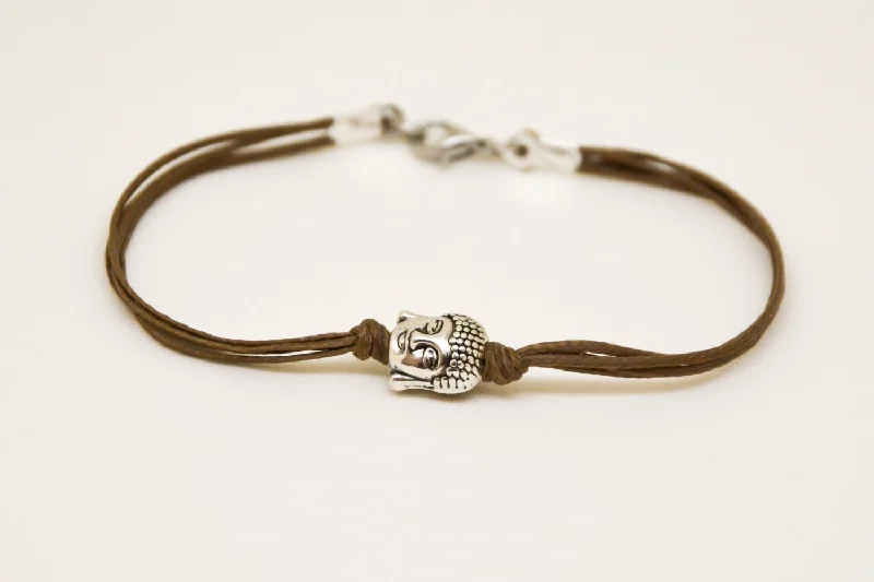 Ladies bracelets for storytellers -Men's bracelet with silver buddha charm, brown cord, yoga jewelry