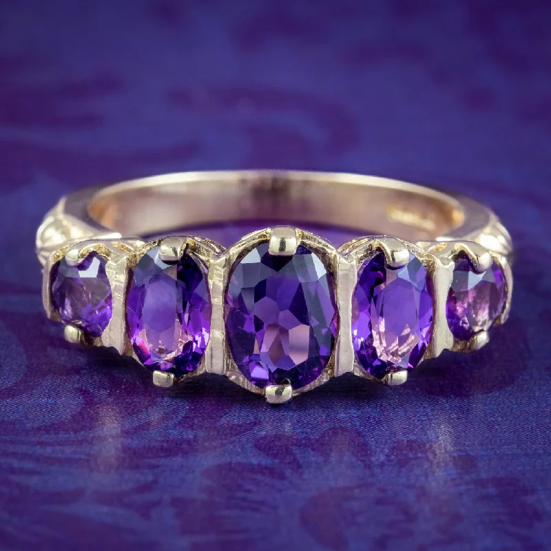 ladies-bridal-gold-rings-Victorian Style Amethyst Five Stone Ring 9Ct Gold 2.5Ct Of Amethyst