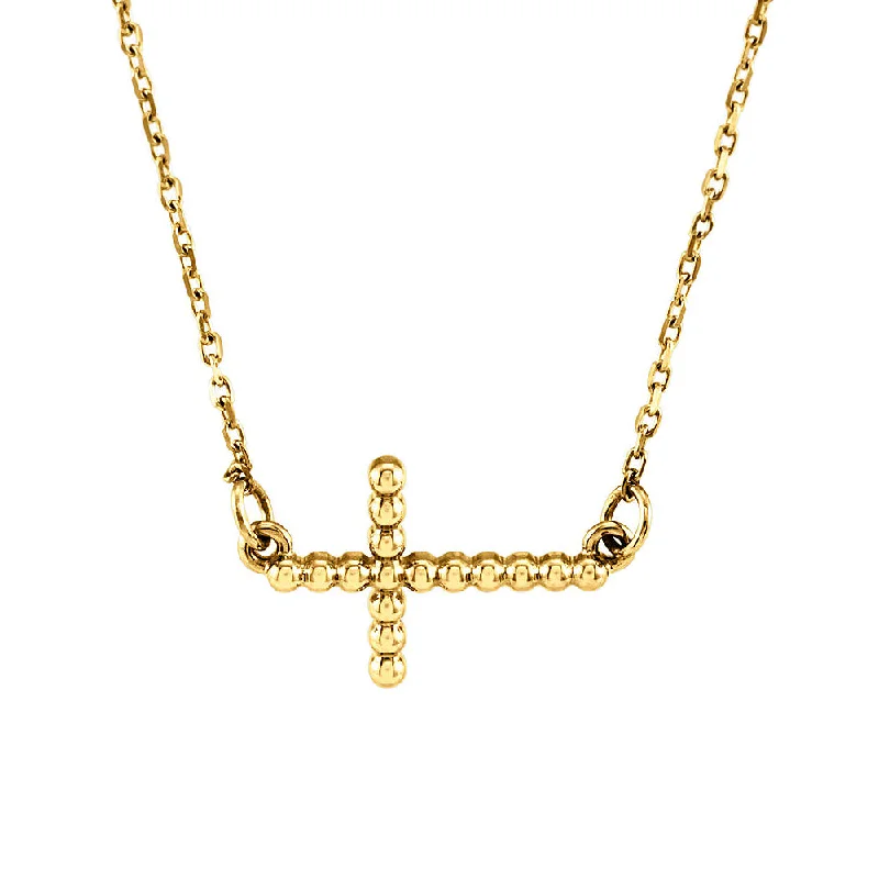 Ladies necklaces for teachers -19.5mm Sideways Beaded Cross Necklace in 14k Yellow Gold, 16.5 Inch