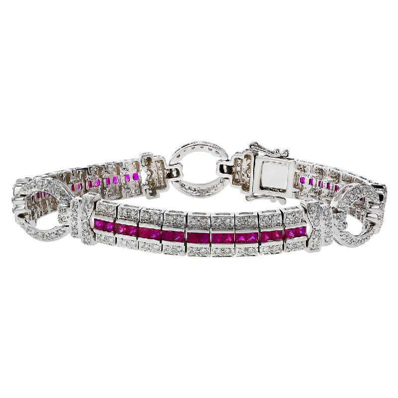 Ladies bracelets with dusk charoite -18K White Gold Ruby and Diamond 3 Row Bracelet