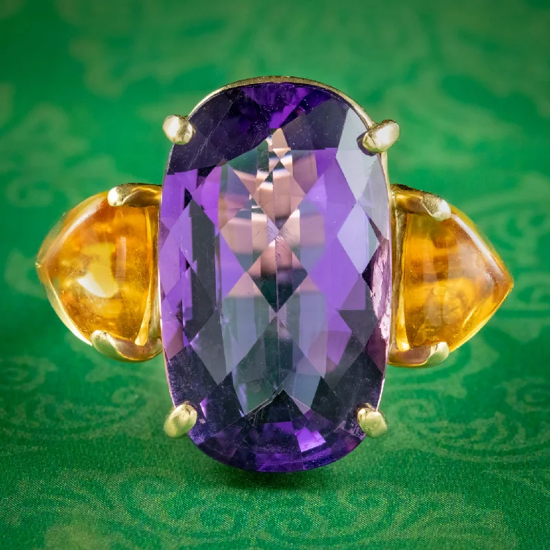 ladies-diamond-classic-rings-Vintage Amethyst Citrine Cocktail Ring 30ct Amethyst Circa 1970