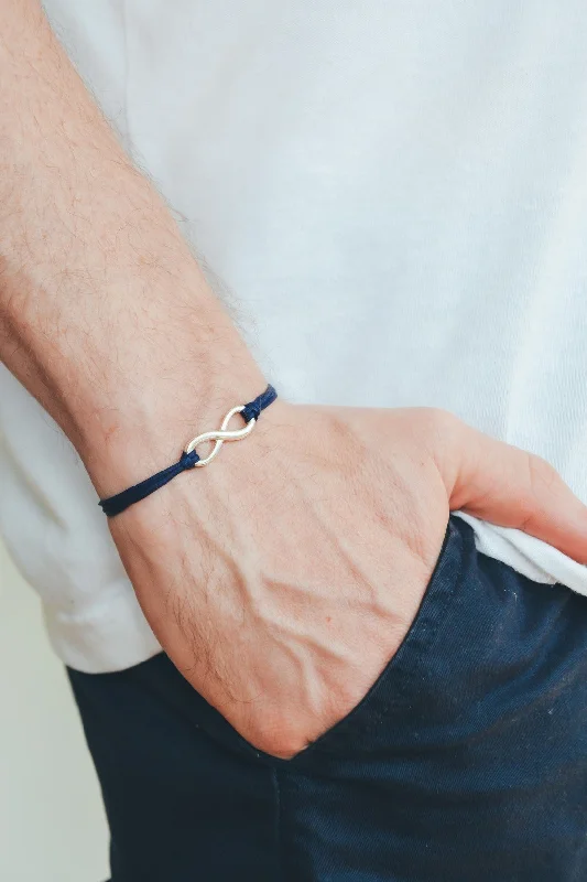 Ladies bracelets with lime moldavite -Adjustable silver infinity bracelet for men, blue cord, yoga jewelry