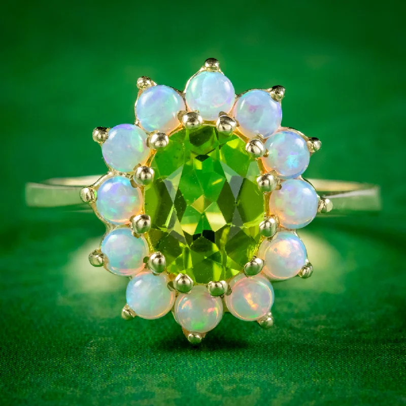 ladies-marquise-cut-gold-rings-Victorian Style Opal Peridot Ring 9ct Gold 1.60ct Peridot