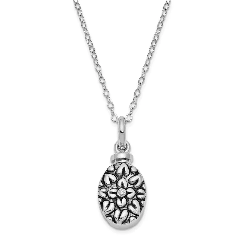 Ladies necklaces for coffee dates -Rhodium Plated Sterling Silver & CZ Flower Ash Holder Necklace, 18in