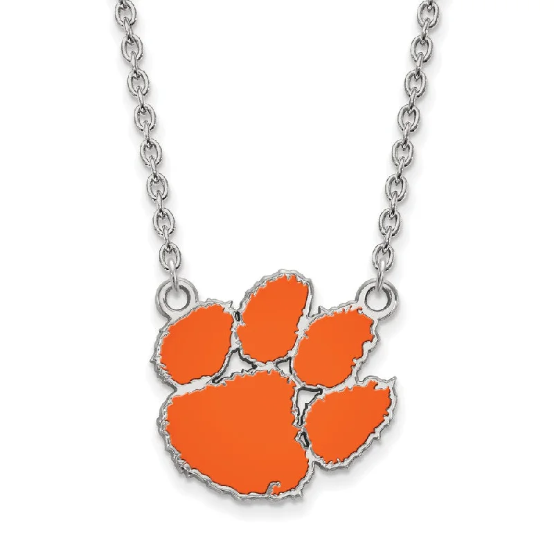 Ladies necklaces curved styles -Sterling Silver Clemson U Large Enamel Logo Pendant Necklace