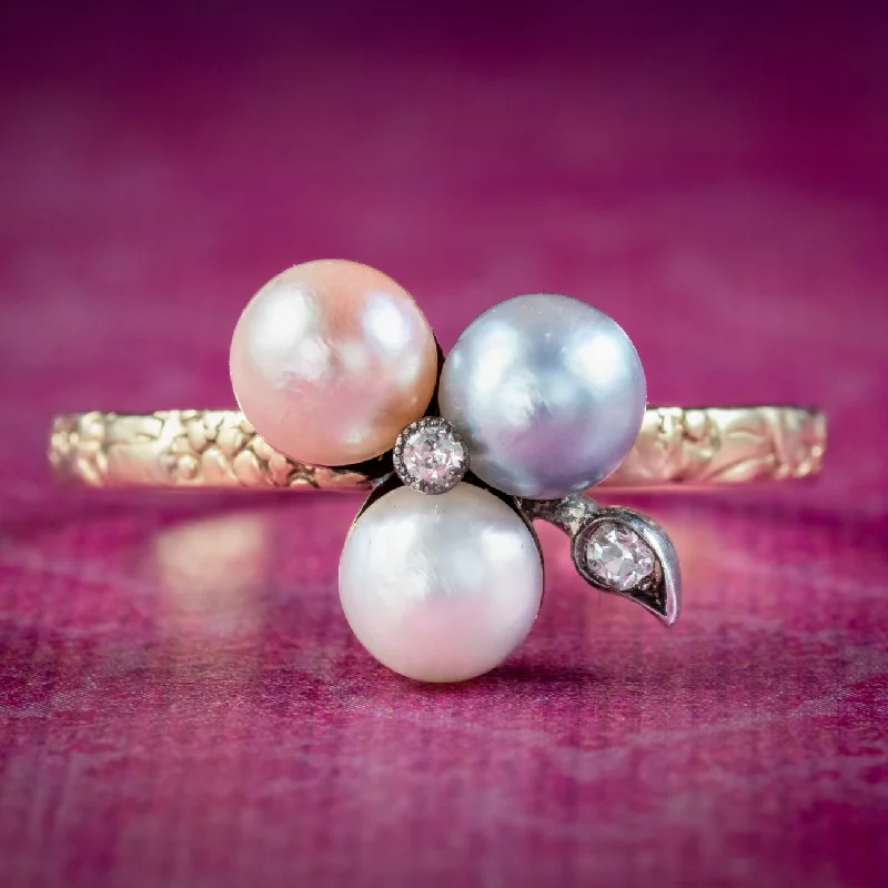 ladies-bridal-sapphire-rings-Georgian Style Pearl Diamond Shamrock Ring