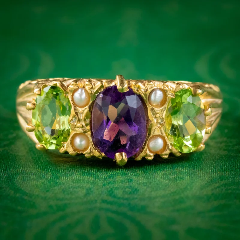 ladies-emerald-cut-pearl-rings-Edwardian Suffragette Style Ring Amethyst Peridot Pearl