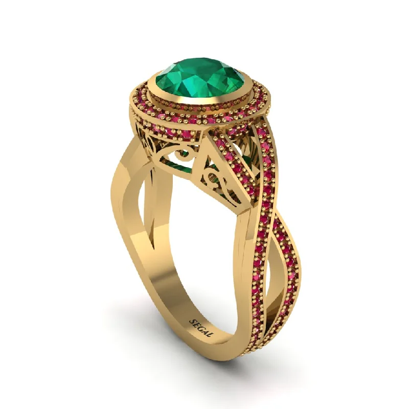 engagement-sapphire-modern-ring-Emerald Filigree Halo Twist Shank Engagement Ring - Wren No. 49