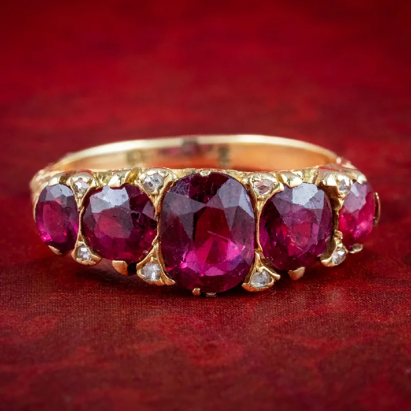 ladies-rose-gold-classic-rings-Antique Victorian Ruby Diamond Five Stone Ring 2.6ct Rubies With Cert