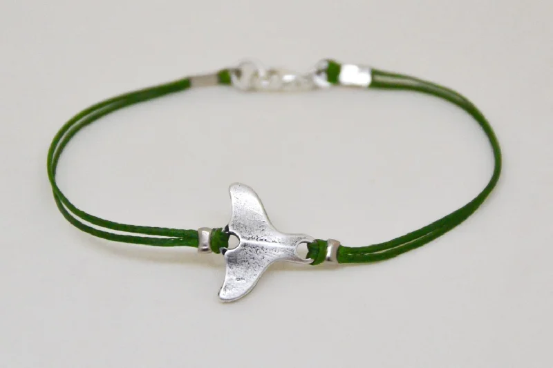 Ladies bracelets with mist labradorite -Silver whale tail charm bracelet, green cord, stocking stuffer