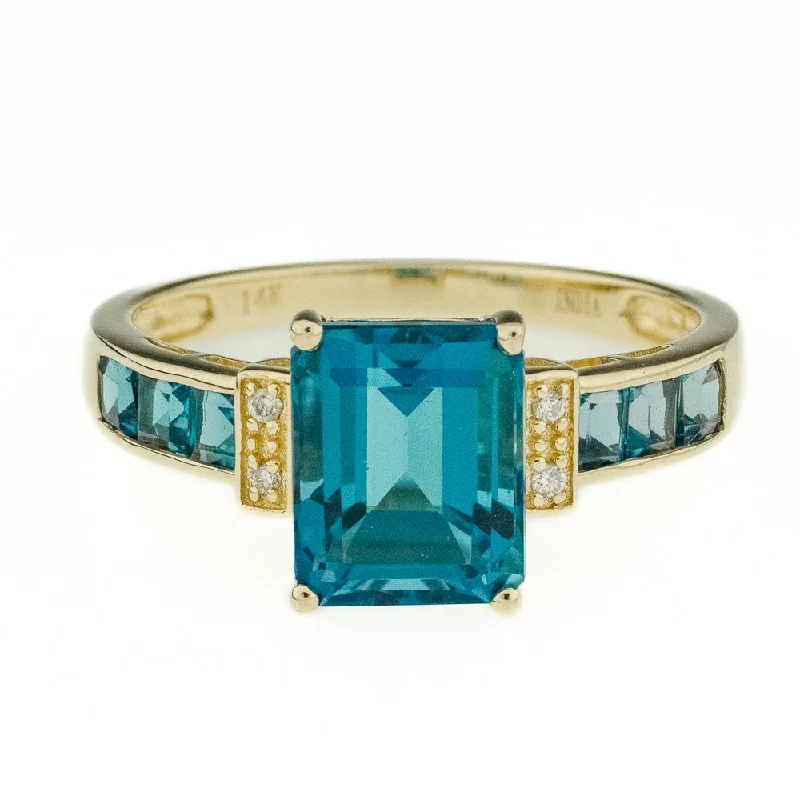 ladies-white-gold-halo-rings-2.62ctw Blue Topaz with Diamond and Blue Topaz Accents Ring in 14K Yellow Gold - Size 8