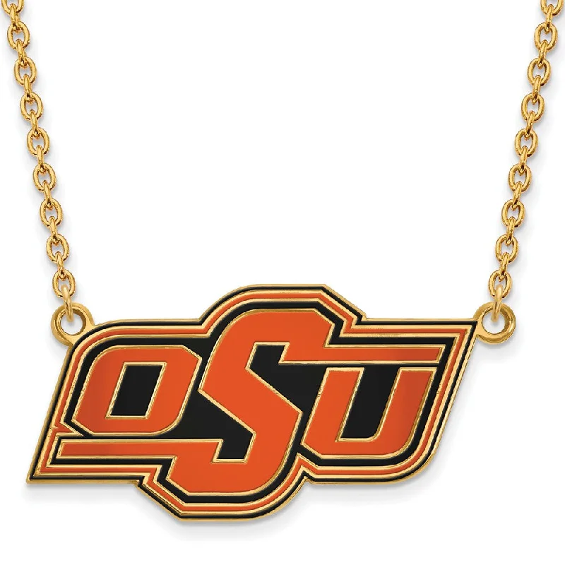 Ladies necklaces for camp vibes -14k Gold Plated Silver Oklahoma State Lg OSU Enamel Necklace