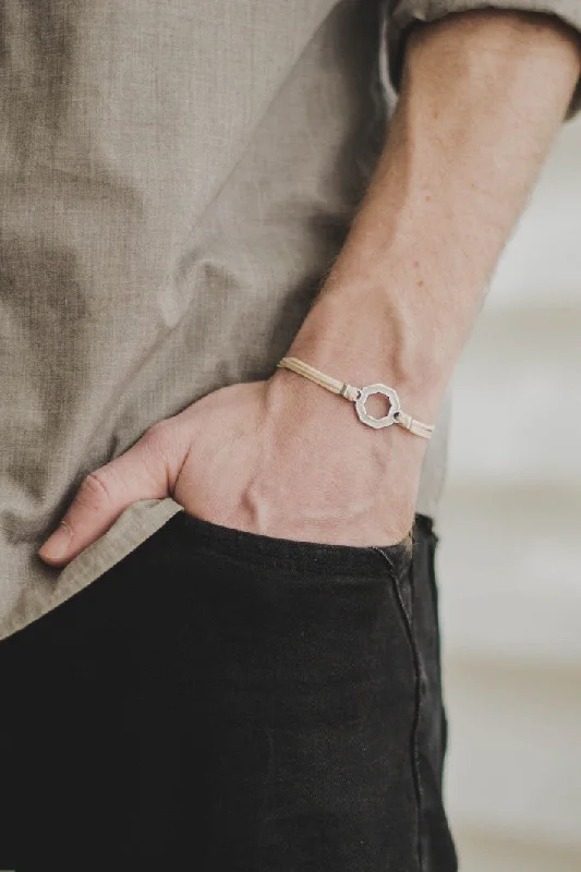 Ladies bracelets broad bands -Bracelet for men, silver hexagon charm bracelet for him, beige string, customized handmade fathers day gift