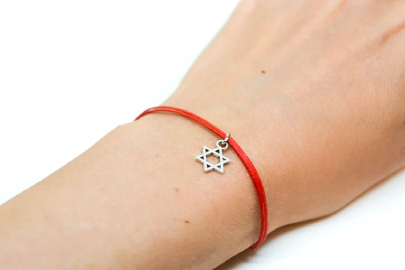 Ladies bracelets with ripple charms -Silver Star of David bracelet, red cord, handmade gift for her