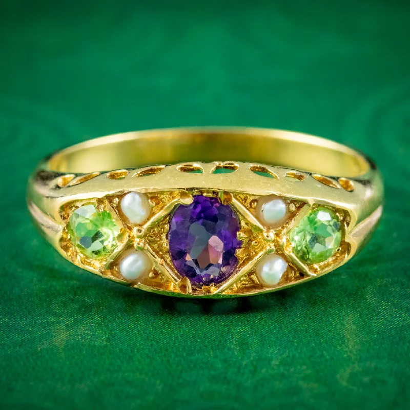 ladies-cushion-cut-pearl-rings-Edwardian Suffragette Style Ring Amethyst Peridot Pearl