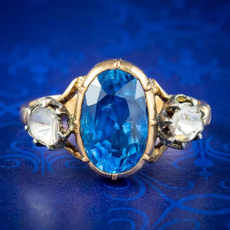 ladies-pearl-vintage-rings-Georgian Style Sapphire Diamond Trilogy Ring 3ct Sapphire With Cert