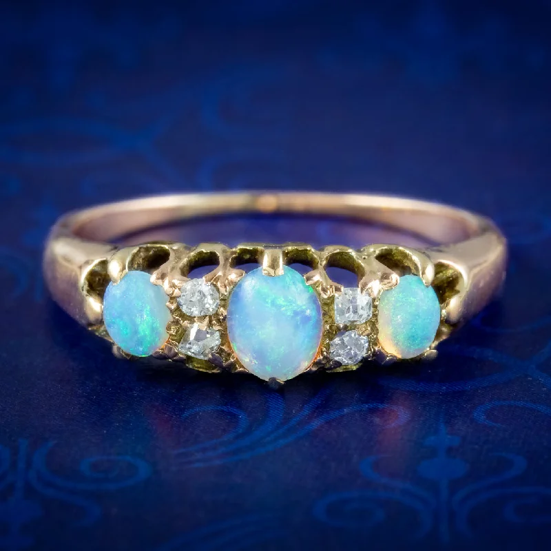 ladies-affordable-silver-rings-Antique Victorian Opal Diamond Ring 0.45ct Opal