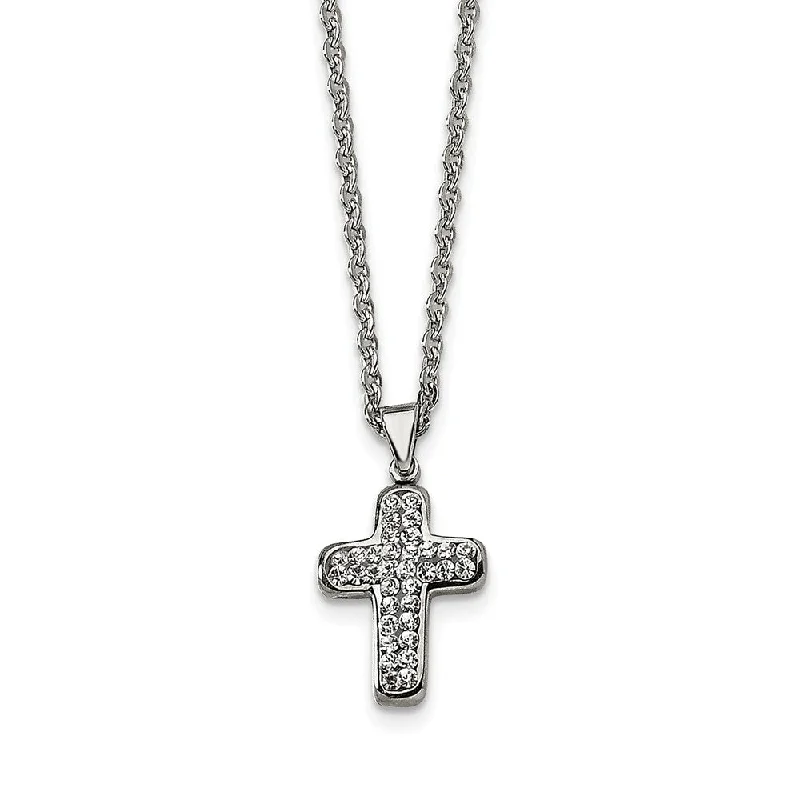 Ladies necklaces with clear zircon -Stainless Steel Small Crystal Cross Necklace with CZ - 22 Inch