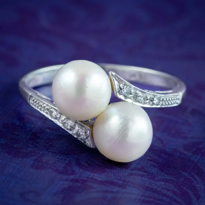 ladies-rose-gold-halo-rings-Antique Edwardian Pearl Toi Et Moi Diamond Twist Ring