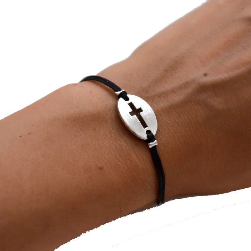 Ladies bracelets for makers -Women bracelet with silver cross round charm, black cord