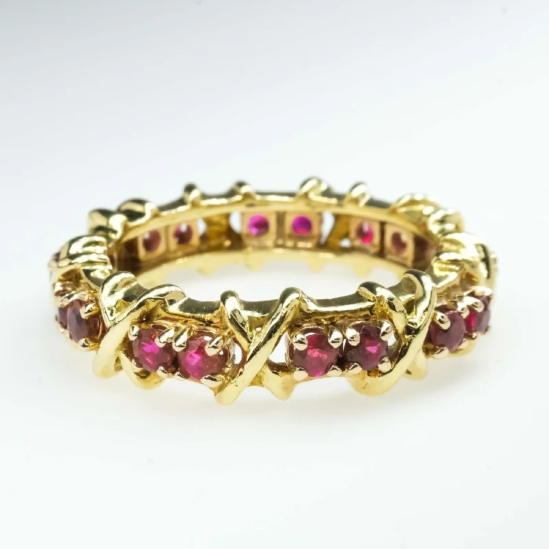 ladies-initial-pearl-rings-0.99ctw Ruby XO Eternity Band Ring in 18K Yellow Gold