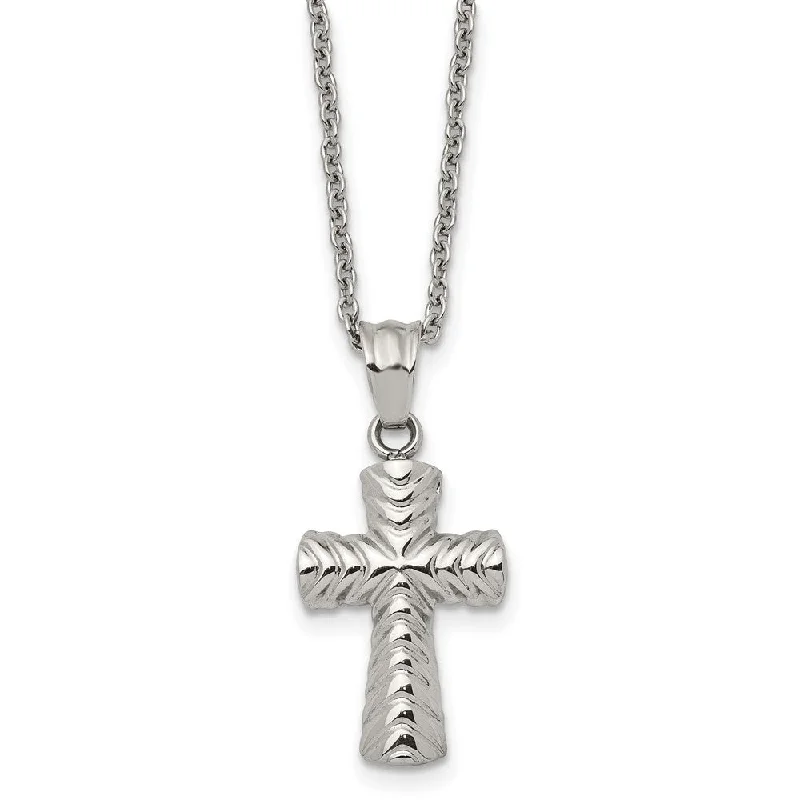 Ladies necklaces for retreats -Stainless Steel Small Polished and Textured Cross Necklace, 22 Inch