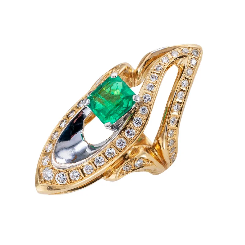 ladies-platinum-handmade-rings-Colombian Emerald Diamond Two Tone Gold Cocktail Ring