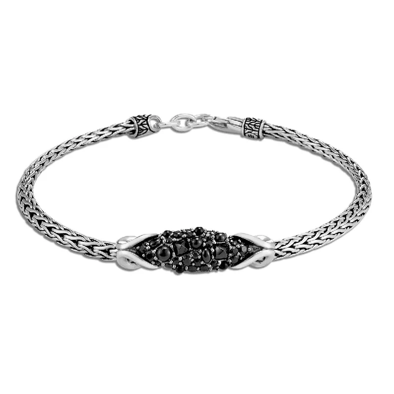 Ladies bracelets slim flair -Asli Classic Chain Link Silver Slim Chain Bracelet with Treated Black Sapphire and Black Spinel