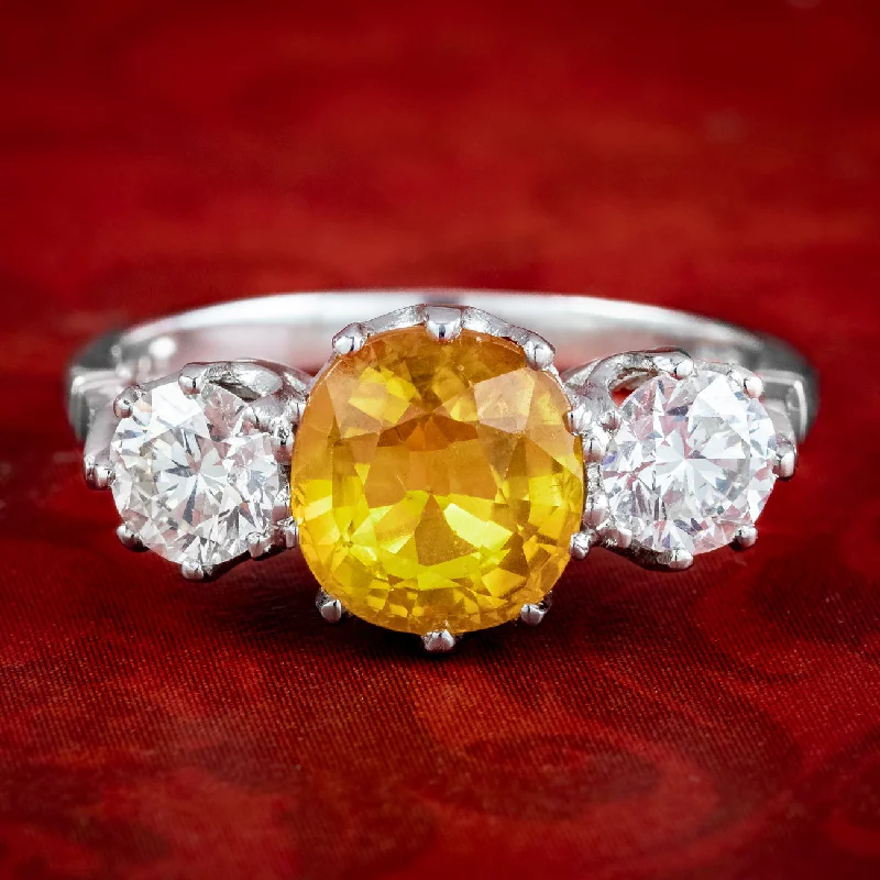 ladies-luxury-rose-gold-rings-Edwardian Style Yellow Sapphire Diamond Trilogy Ring 1.8ct Sapphire