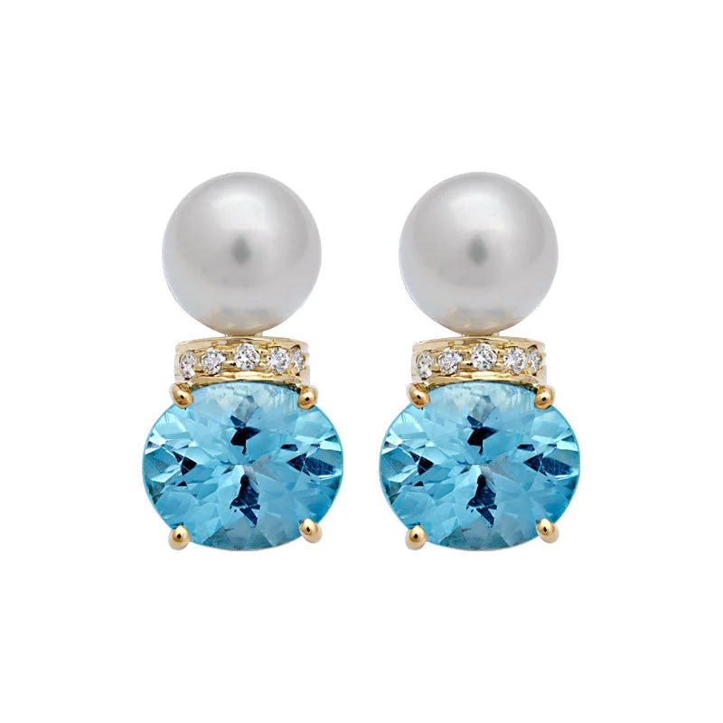 ladies-delicate-gold-earrings-Earrings-Blue Topaz, South Sea Pearl and Diamond