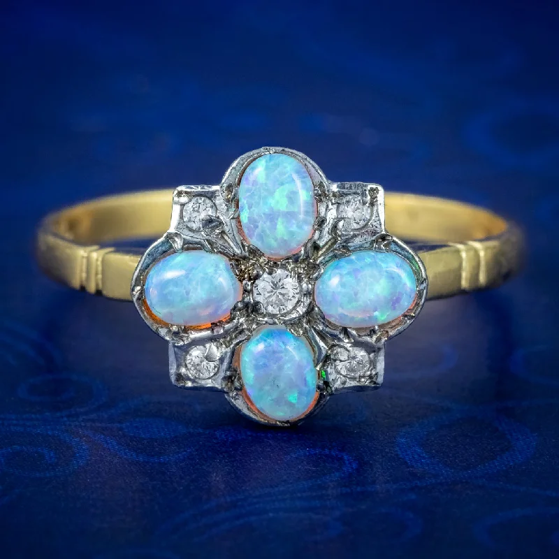 ladies-platinum-modern-rings-Edwardian Style Opal Cz Cluster Ring Silver 18Ct Gold Gilt