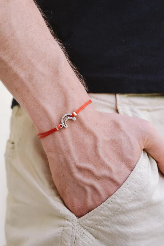 Ladies bracelets for friend reunions -Silver crescent moon bracelet for men, red cord, gift for him