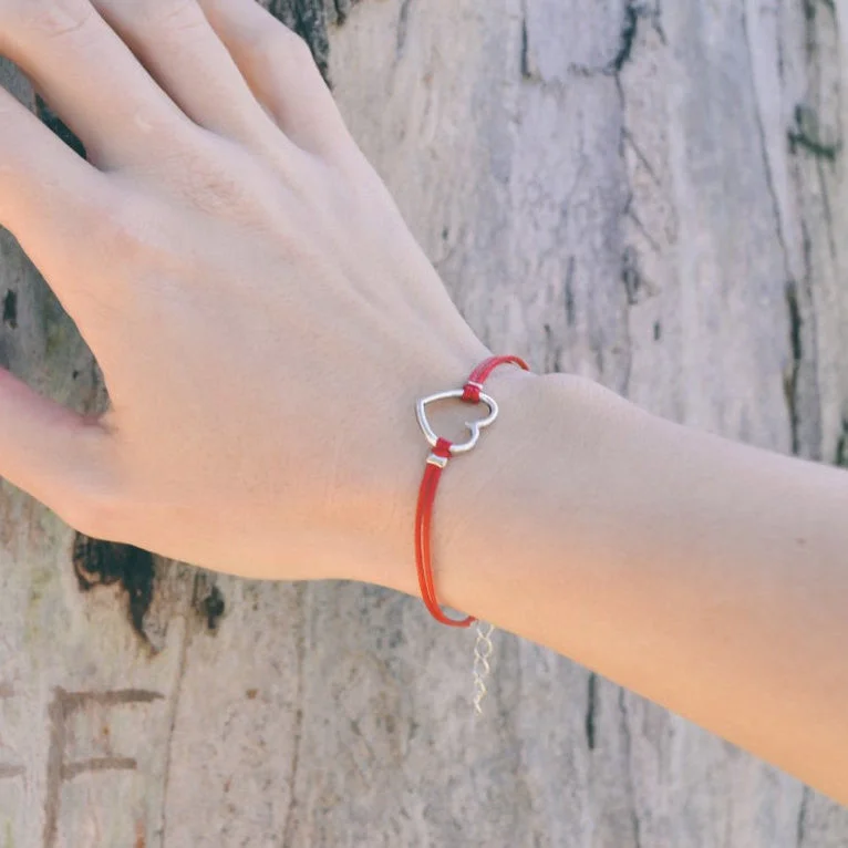 Ladies bracelets for easy wear -Red bracelet with silver heart charm, adjustable bracelet