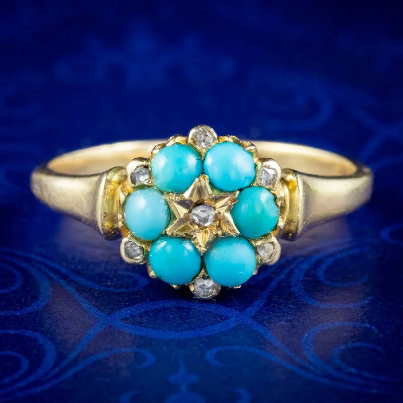 ladies-affordable-platinum-rings-Antique Victorian Turquoise Diamond Flower Ring Dated 1871