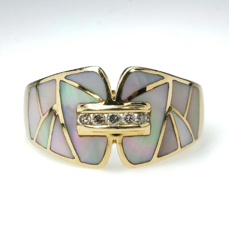 ladies-birthstone-silver-rings-Mother of Pearl Inlay with Diamond Accents Ring in 14K Yellow Gold